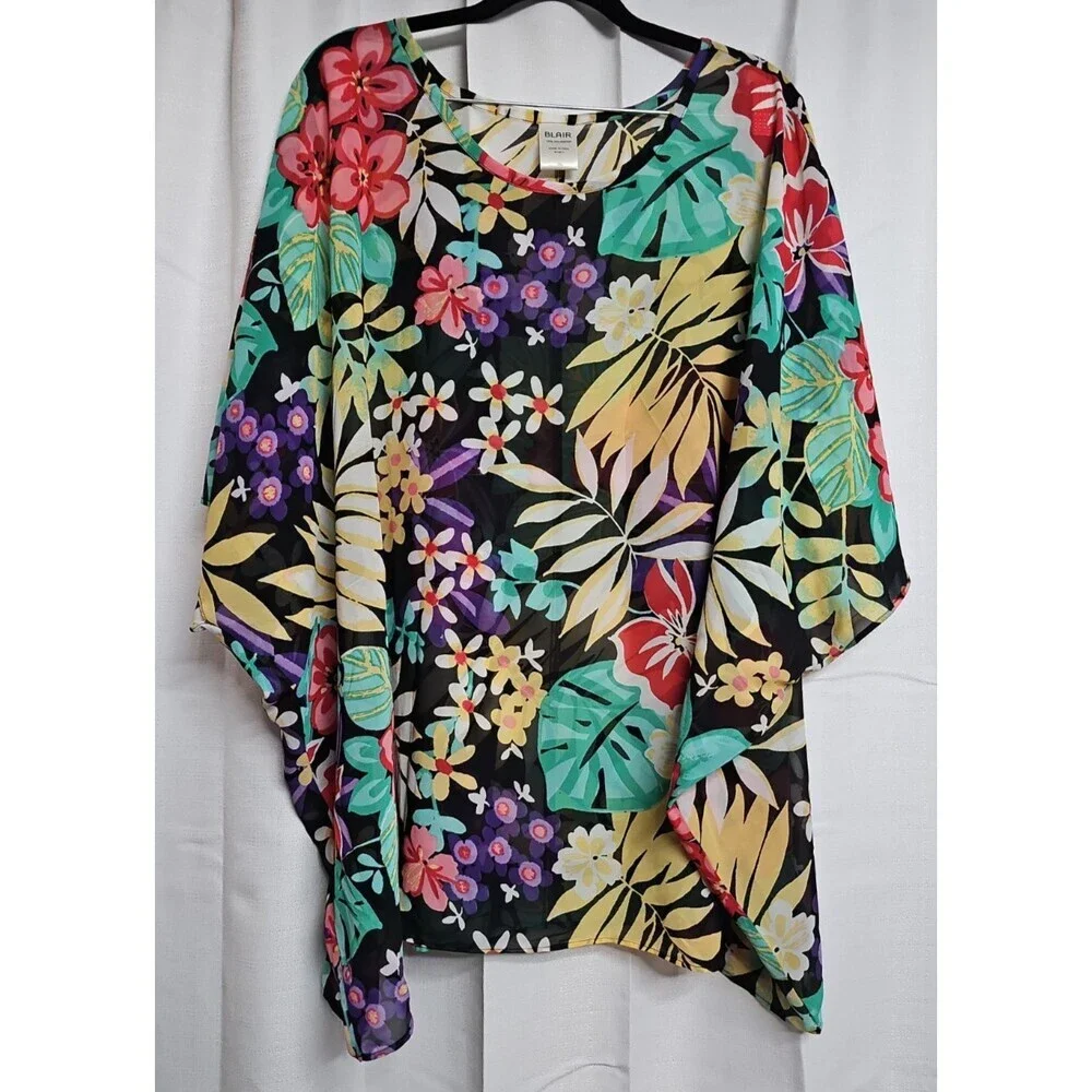 Blair Womans Plus Size 3XL Sheer Top Tropical Floral Swim Cover Up
